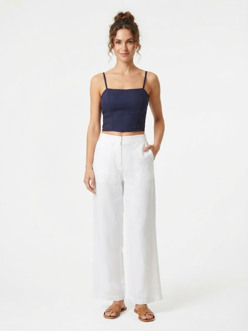 THE ODELLS Navy Crop Top Square Neck Smocked Back Size S contemporary boho